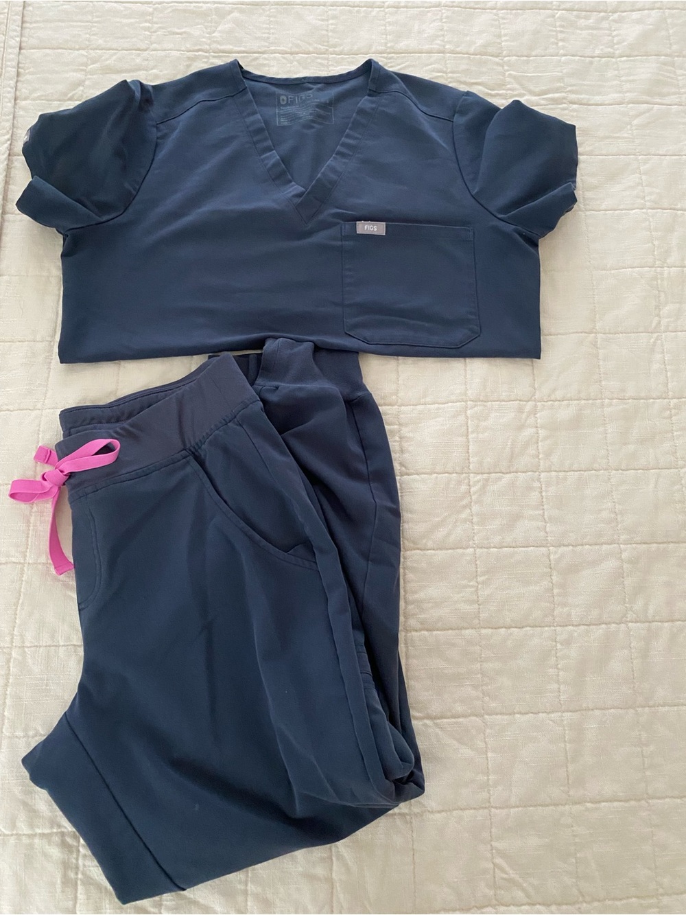 Figs Navy Women's Scrub Set with Pink Drawstring